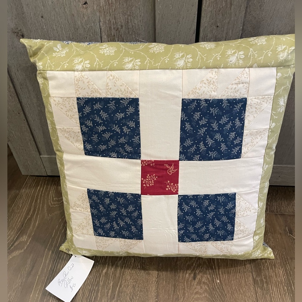 Patchwork Bear Paw Quilt Throw Pillow with Blue and Red Accents